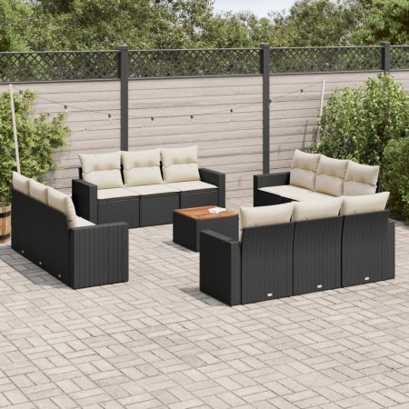 Set Divani da Giardino 13pz con Cuscini Nero in Polyrattan