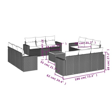 Set Divani da Giardino 13pz con Cuscini Nero in Polyrattan