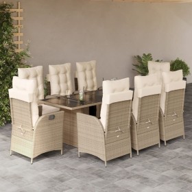 Set da Pranzo da Giardino 9 pz con Cuscini Beige in Polyrattan