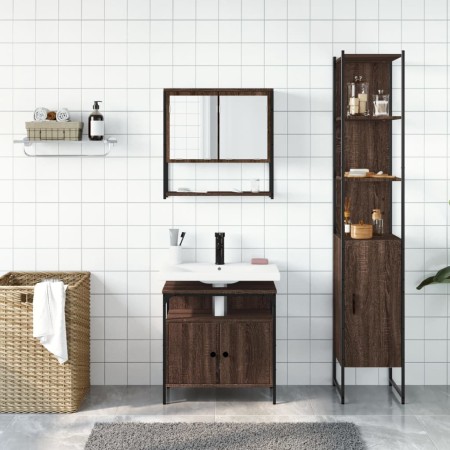 Set Mobili da Bagno 3 pz Rovere Marrone in Legno Multistrato