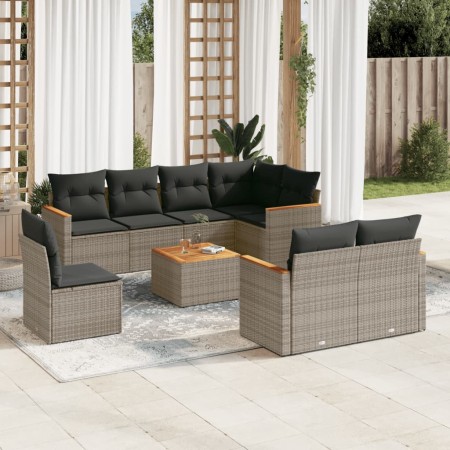 Set Divano da Giardino 9 pz con Cuscini Grigio in Polyrattan