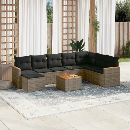 Set Divano da Giardino 9 pz con Cuscini Grigio in Polyrattan