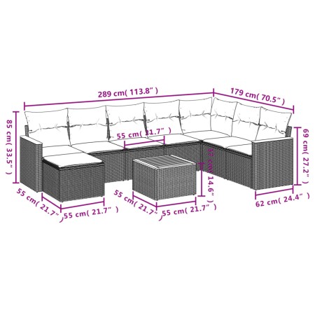 Set Divano da Giardino 9 pz con Cuscini Grigio in Polyrattan