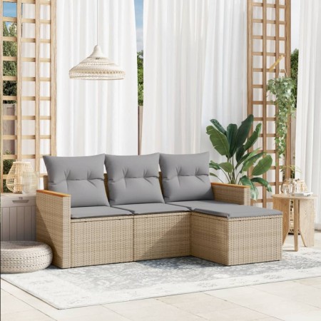 Set Divano da Giardino 4 pz con Cuscini Beige Misto Polyrattan