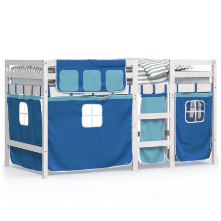 Letto a Soppalco con Tende Bambini Blu 80x200 cm Massello Pino