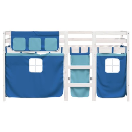 Letto a Soppalco con Tende Bambini Blu 80x200 cm Massello Pino