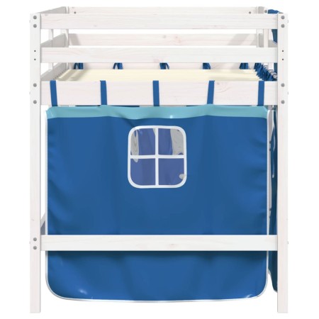 Letto a Soppalco con Tende Bambini Blu 80x200 cm Massello Pino