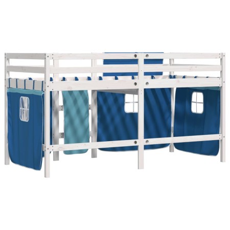 Letto a Soppalco con Tende Bambini Blu 80x200 cm Massello Pino