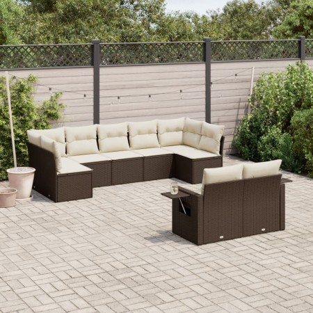 Set Divani da Giardino 9pz con Cuscini Marrone in Polyrattan