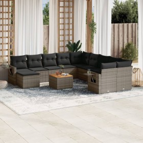 Set Divani da Giardino 14pz con Cuscini in Polyrattan Grigio