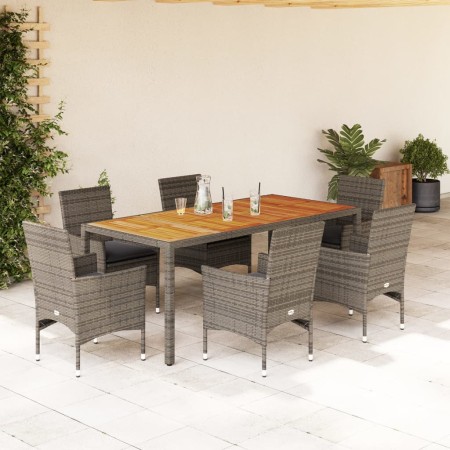 Set Pranzo da Giardino 7pz con Cuscini Polyrattan Acacia Grigio