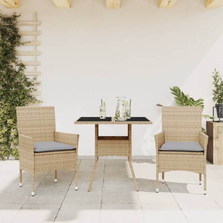 Set da Pranzo da Giardino 3 pz con Cuscini Polyrattan e Vetro