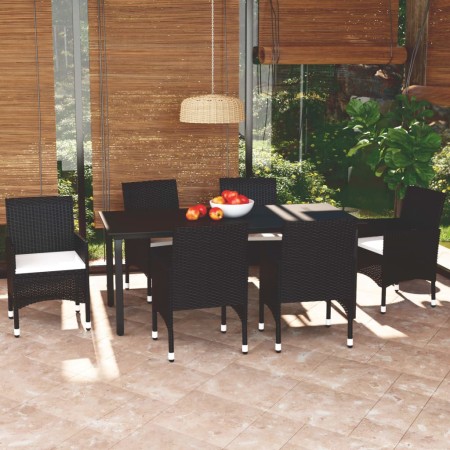 Set da Pranzo da Giardino 7 pz Nero con Cuscini in Polyrattan