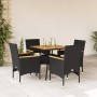 Set Pranzo da Giardino 5 pz con Cuscini Nero Polyrattan Acacia