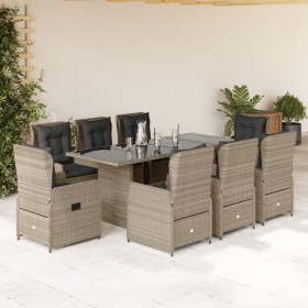 Set Pranzo da Giardino 9pz con Cuscini Grigio Chiaro Polyrattan