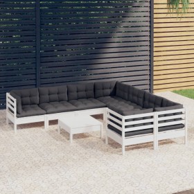 Set Divani da Giardino 9 pz con Cuscini Bianchi in Legno Pino