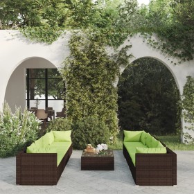 Set Divani da Giardino 9 pz con Cuscini in Polyrattan Marrone