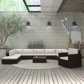 Set Divani da Giardino 11 pz con Cuscini in Polyrattan Marrone