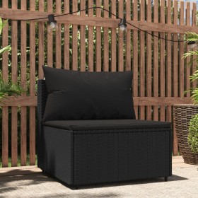 Divano Centrale da Giardino con Cuscini in Polyrattan Nero