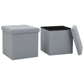 Pouf Pieghevoli con Contenitore 2pz Grigio Chiaro in Simil Lino