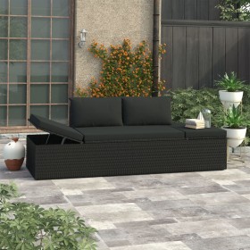 Lettino Prendisole con Cuscini in Polyrattan Nero