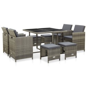 Set da Pranzo da Giardino 9 pz con Cuscini in Polyrattan Grigio