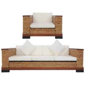 Set di Divani 2 pz con Cuscini in Rattan Naturale Marrone