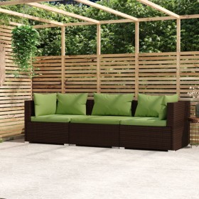 Divano a 3 Posti con Cuscini in Polyrattan Marrone