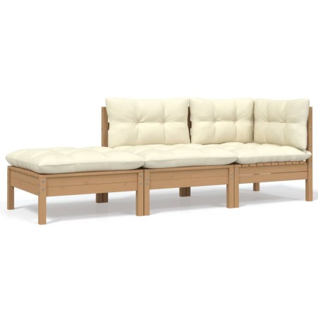 Set Divani da Giardino 3 pz con Cuscini Crema Massello di Pino