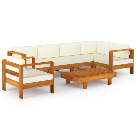 Set Divani Giardino 7 pz Cuscini Bianco Crema in Legno d'Acacia