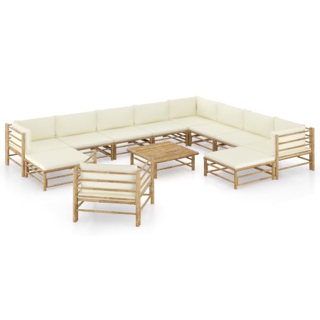 Set Salotto da Giardino 12pz con Cuscini Bianco Crema in Bambù