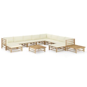 Set Salotto da Giardino 12pz con Cuscini Bianco Crema in Bambù