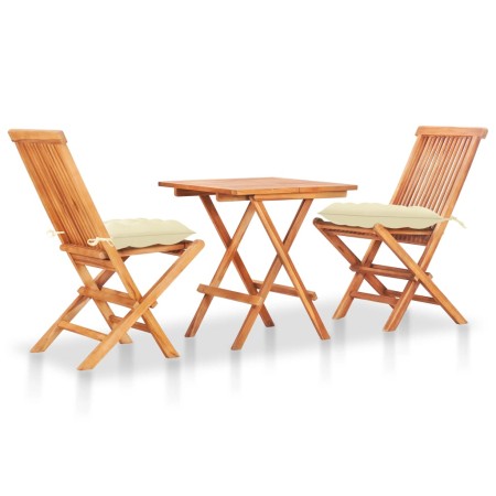 Set da Bistrot 3 pz con Cuscini Crema in Legno Massello di Teak