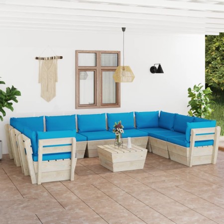 Set Divani da Giardino su Pallet 10 pz con Cuscini Legno Abete