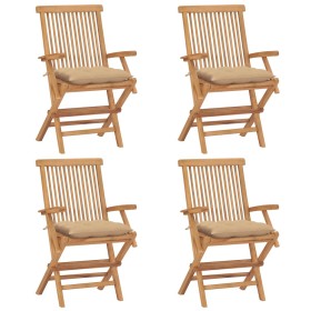 Sedie da Giardino con Cuscini Beige 4 pz Legno Massello di Teak