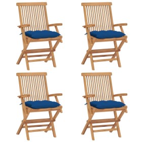 Sedie da Giardino con Cuscini Blu 4 pz Legno Massello di Teak