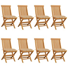 Sedie da Giardino con Cuscini Beige 8 pz in Massello di Teak