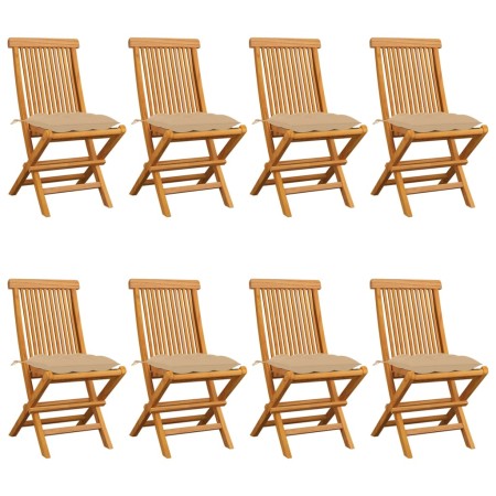 Sedie da Giardino con Cuscini Beige 8 pz in Massello di Teak