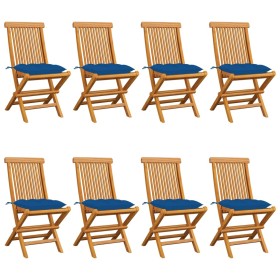 Sedie da Giardino con Cuscini Blu 8 pz in Massello di Teak