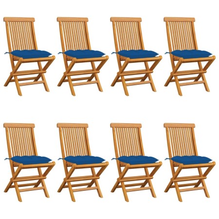 Sedie da Giardino con Cuscini Blu 8 pz in Massello di Teak