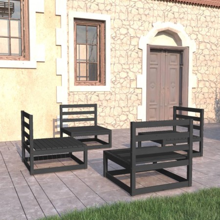 Set Divani da Giardino 4 pz Nero in Legno Massello di Pino