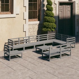 Set Divani da Giardino 11 pz Grigi in Legno Massello di Pino