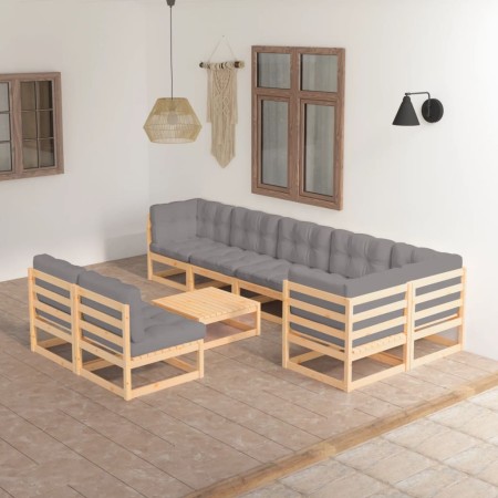 Set Salotto Giardino 9 pz Cuscini Antracite Legno Massello Pino