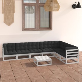 Set Salotto Giardino 8pz con Cuscini Bianco Legno Massello Pino