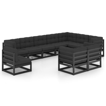 Set Divani da Giardino 10 pz con Cuscini Massello di Pino Nero