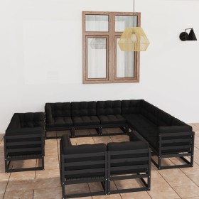 Set Divani da Giardino 11 pz con Cuscini Massello di Pino Nero