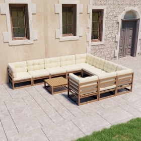 Set Divani Giardino 11pz Cuscini Marrone Miele in Pino Massello