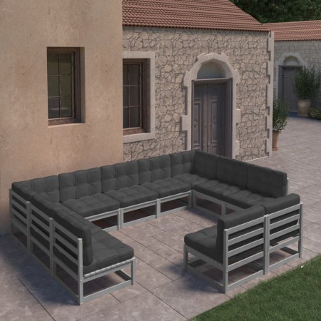 Set Divani da Giardino 11 pz Grigio Cuscini Massello di Pino