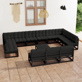 Set Divani da Giardino 14 pz con Cuscini Massello di Pino Nero