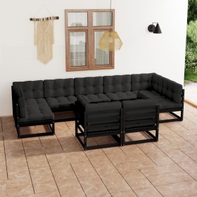 Set Divani da Giardino 9 pz con Cuscini Massello di Pino Nero